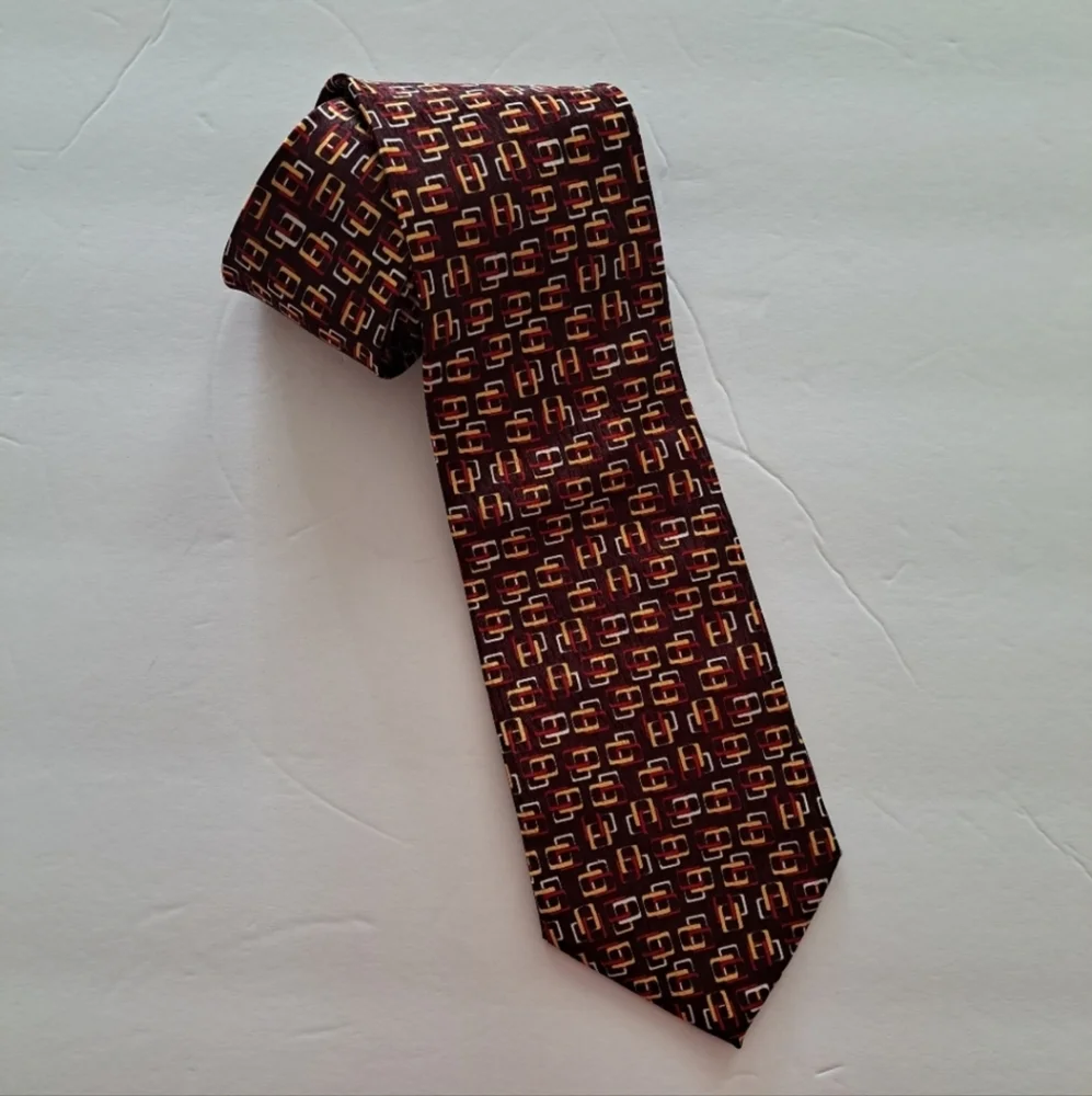 LeVieux Commandant Silk Brown Gold White Red Interlock Squares Tie